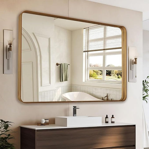 Wood Grain Colored 40x32 Inch Metal Framed Mirror for Wall, Large Rounded Rectangle Mirror, Anti-Rust, Tempered Glass, Hangs Horizontally or Vertically