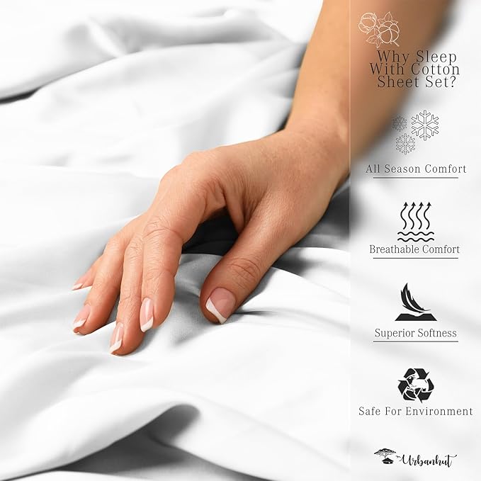 URBANHUT 700 Thread Count Egyptian Cotton Sheets Full Size, 4Pc Sheet Set Soft Luxury Bed Sheets for Full Size Bed, Sateen Weave Hotel Sheets, 16'' Elasticized Deep Pocket - White