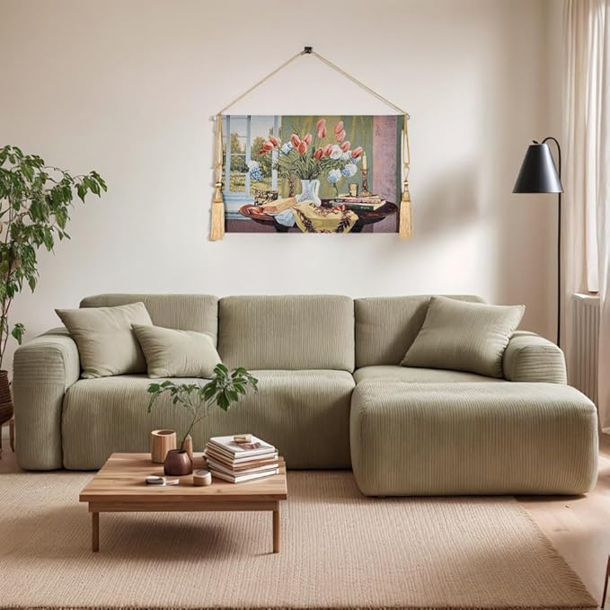 AureoMadis Vintage Floral Tapestry Wall Hanging Set with Telescopic Rod & Tassels - Jacquard Woven Fabric Aesthetic Flower Wall Tapestries for Bedroom/Living Room Decor Spring Botanical Art (42"x27")