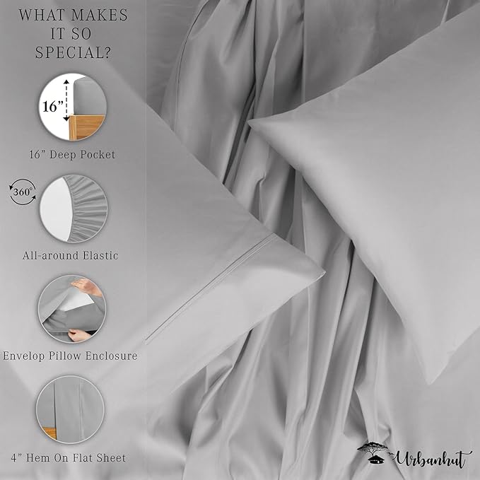URBANHUT 700 Thread Count Egyptian Cotton Sheets California King Size, 4Pc Sheet Set Luxury Bed Sheets for California King Bed, Sateen Weave Hotel Sheets, 16'' Elasticized Deep Pocket - Silver Grey