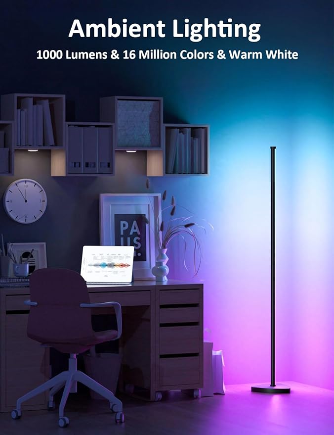 Corner Floor Lamp, 2 Pack LED Corner Lamp with APP and Remote Control, 16 Million DIY Colors & Warm White, Music Sync, Timing Function, Color Changing Ambient Lights for Living Room, Bedroom, Gaming