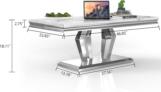SSLine Rectangular Faux Marble Coffee Table for Living Room Modern Luxury White Marble Center Table with Silver Diamond Base 46.8" Mid-Century Cocktail Table with Mirrored Stainless Steel Frame