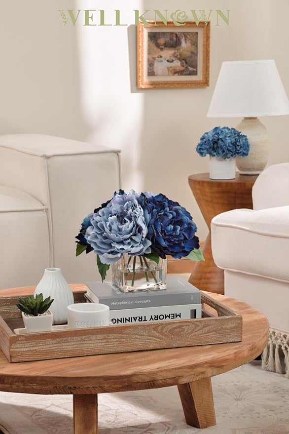 Artificial Peonies Flowers Arrangements in Cube Glass Vase, WELLKNOWN Silk Flower Centerpieces for Dining Room Table, Coffee Table Decor, Faux Peony Flowers with Faux Water (Bicolor Blue)