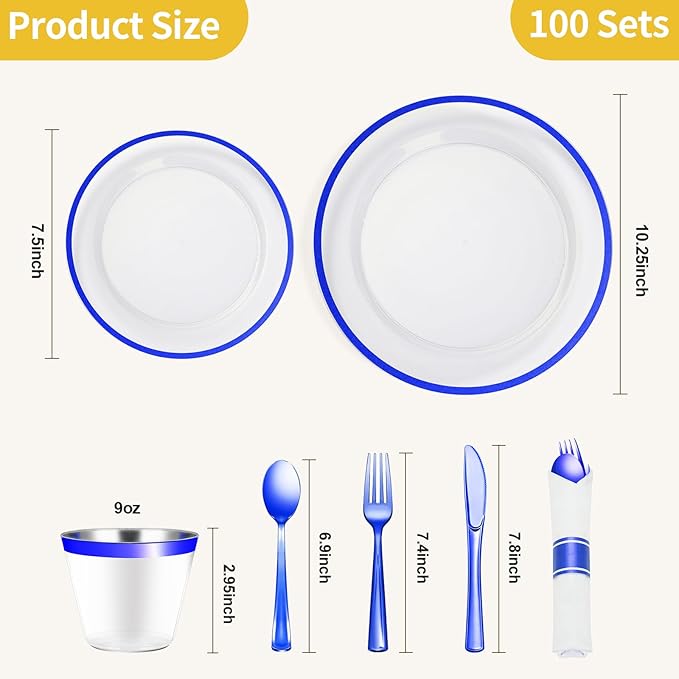 Goodluck 700 Piece Dark Blue Plastic Dinnerware Set for Party, Clear Disposable Plates for 100 Guests, Include: 100 Dinner Plates, 100 Dessert Plates, 100 Pre Rolled Napkins with Cutlery Set, 100 Cups