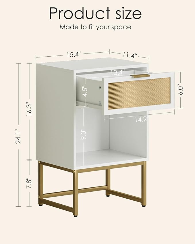 Masupu Rattan Nightstand,Modern Night Stand Boho Farmhouse Wood Bedside Table with Storage Drawer Side End Table for Bedroom,Living Room,Office,White