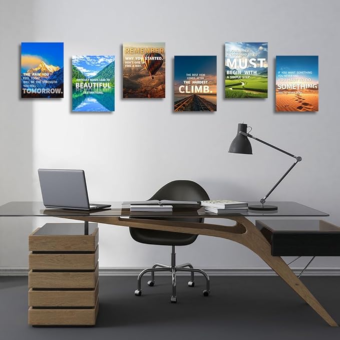 Inspirational Quotes Wall Art, Motivational Decoration Painting, Landscape Canvas Suitable for Library, Office, Living Room, Home Deco, Tabletop/Hanging | 6-Pack (29 x 38 cm) Framed