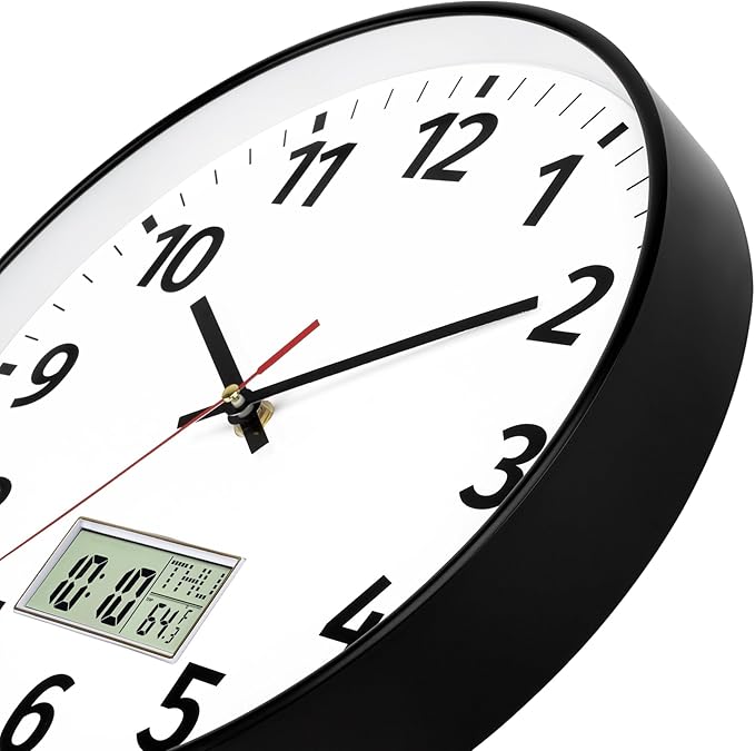 Foxtop Digital Wall Clock with Time, Day of Week and Temperature, Silent Non-Ticking Battery Operated Round Digital and Analog Wall Clock for Classroom Office Bedroom Home School (12 Inch, Black)