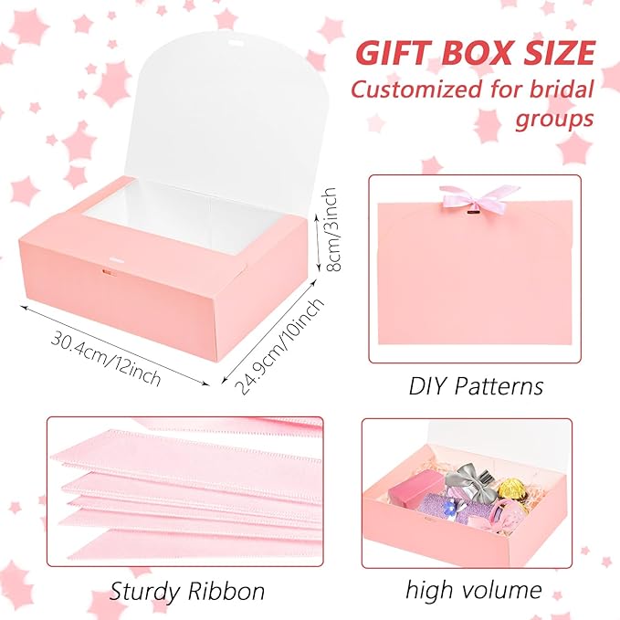 12Pack Pink Gift Boxes with Lids, 129.83.1 Inch Groomsmen Proposal Box, Luxury Pink Gift Box with Ribbon for Wedding, Birthday, Party, Christmas, Bridesmaid, Graduation