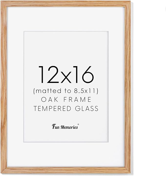 12x16 Picture Frame, Solid Oak Wood 12 x 16 Frame for Wall, 12 by 16 Picture Frames with Real Glass, 12x16 Frame Matted to 8.5x11, Rusitic Wood 12"x16" Poster Frame for Home Decor, Natural Oak Color, 1 Pack