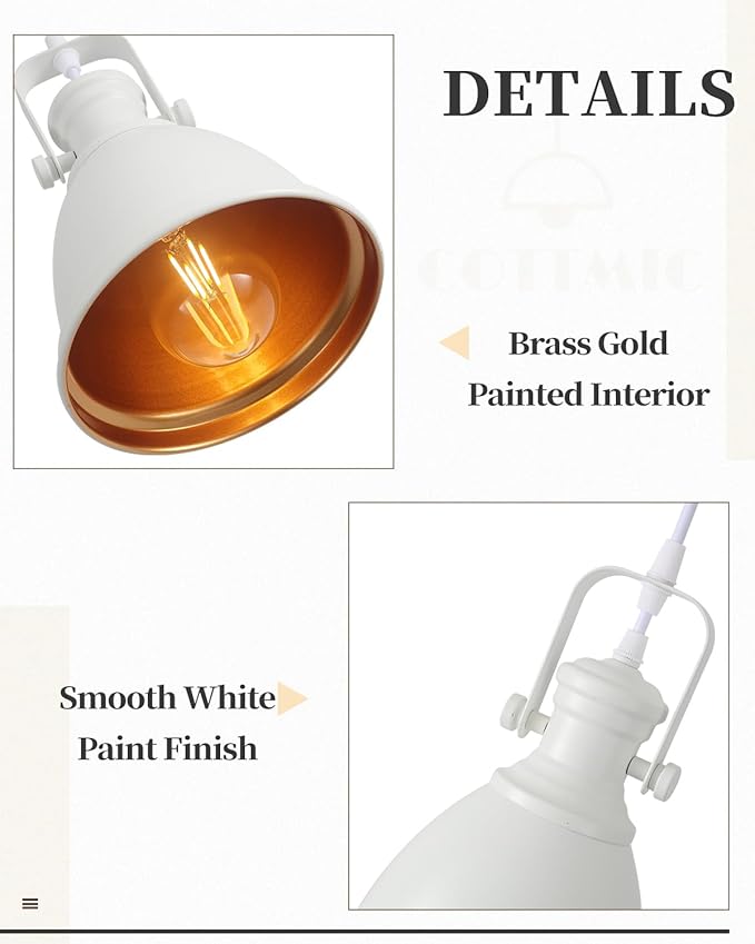 White Pendant Lights Kitchen Island 3 Pack, Vintage Pendant Light, 6.5’’ Farmhouse Pendant Light Fixtures, Adjustable Height, Pendant Lighting for Dining Room, Living Room, Sink, Bar