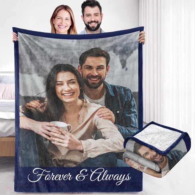 Custom Sherpa Fleece Blanket with Photos & Text - Soft, Warm & Fuzzy Personalized Couples Gifts for Boyfriend & Girlfriend - Customized Picture Blanket for Birthday, Anniversary & Christmas