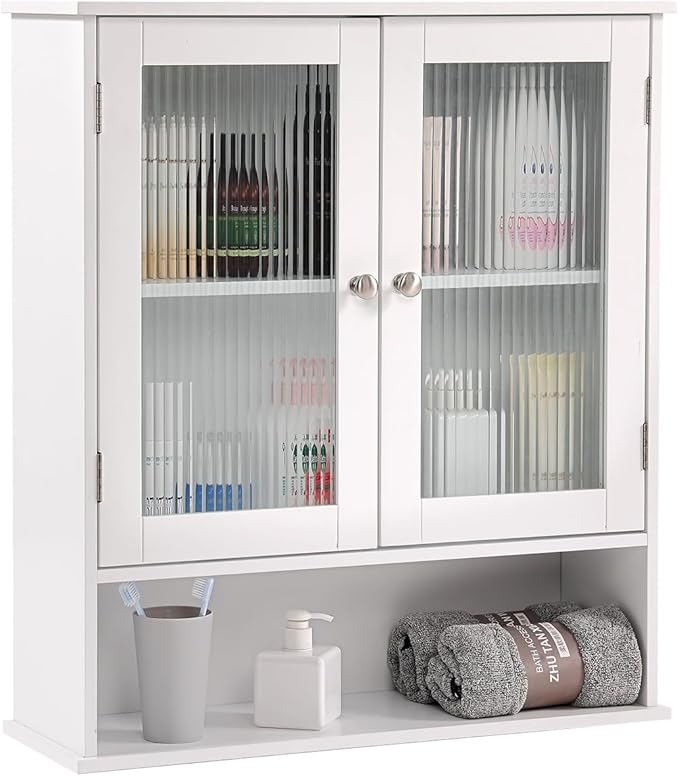LITA Bathroom Wall Cabinet with Glass Doors, Medicine Cabinet with Adjustable Shelves, Space Saver Over Toilet Storage Cabinet for Bathroom, Living Room, Kitchen, White