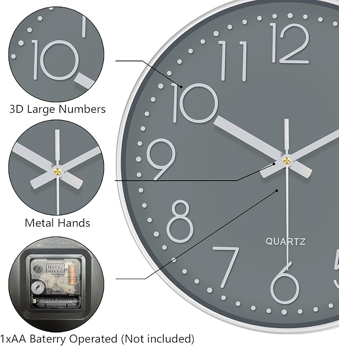 Silent Wall Clocks Battery Operated 8 Inch, Analog Wall Clock with Oversized Number Tempered Glass Clock Face, Quartz Non Ticking Wall Clocks for Living Room Bedroom Kitchen Office, Grey