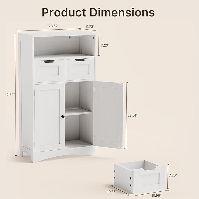 Gizoon Storage Cabinet, Bathroom Cabinet with 2 Drawers and Adjustable Shelves, Freestanding Storage Organizer with Doors for Bathroom, Living Room, Kitchen, Home Office, Hallway
