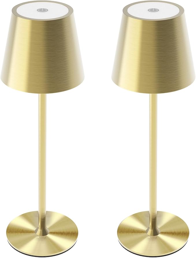 Maksone 2 Pack LED Cordless Table Lamp, 6600mWh Rechargeable Battery Desk Lamp, 3000K Stepless Dimming Night Light, IP54 Waterproof Metal Outdoor Portable Lamp for Camping, Restaurant (Gold)