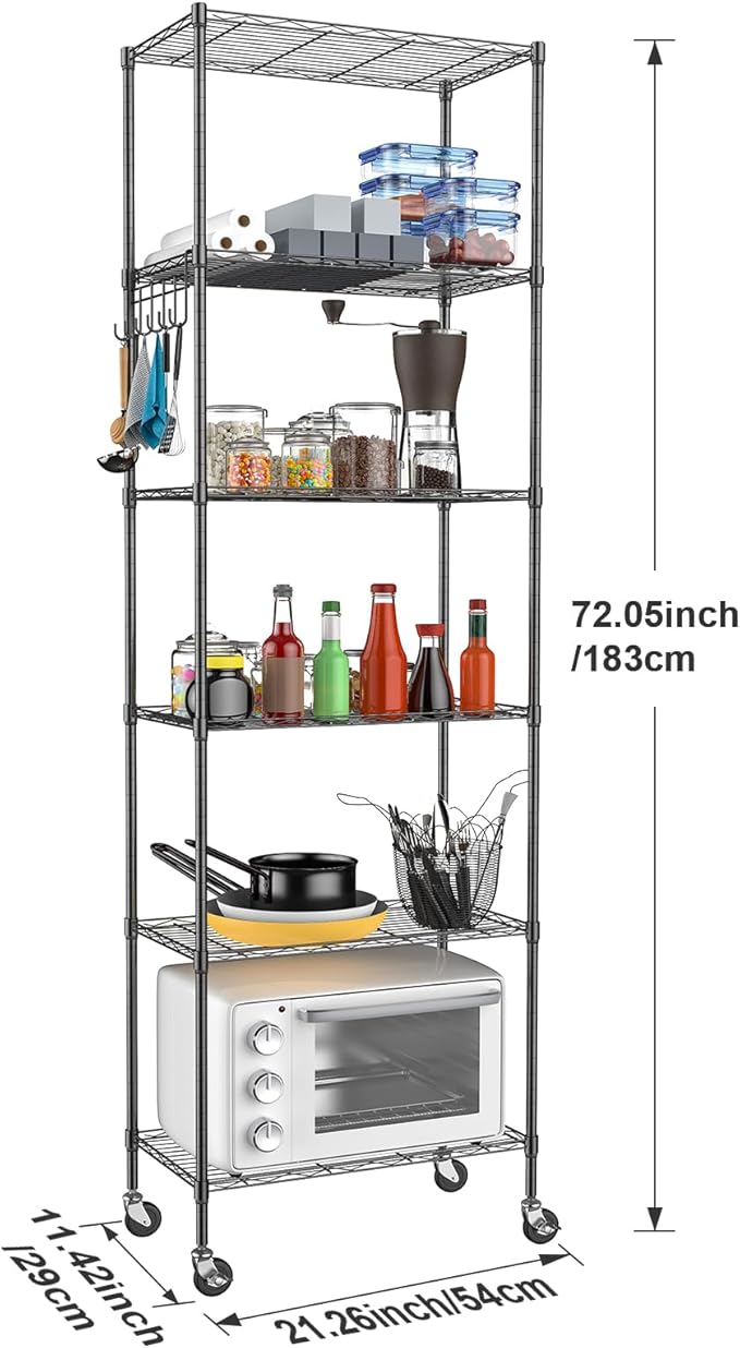 Homdox 6-Tier Storage Shelf Wire Shelving Unit Free Standing Rack Organization with Caster Wheels, Stainless Side Hooks, Black