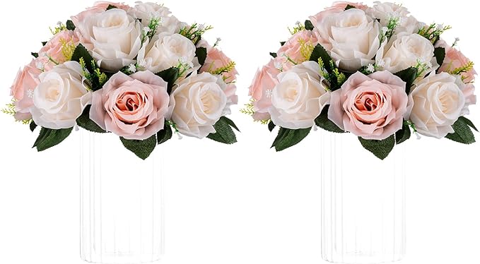 NUPTIO Flower Balls for Wedding Centrepieces - 2 Pcs 9.5in Diameter Artificial Flower Ball Arrangement Bouquet Peachy Pink & Creamy White Fake Rose Flowers Party Centerpieces for Weddings Tables