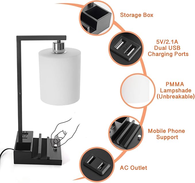 Dimmable Bedside Table Lamp with Dual USB Ports & AC Outlet, Adjustable Brightness & Color Temperature, Phone Holder & Pen Slot Organizer Base, End Table Lamp for Living Room Bedroom Home Office