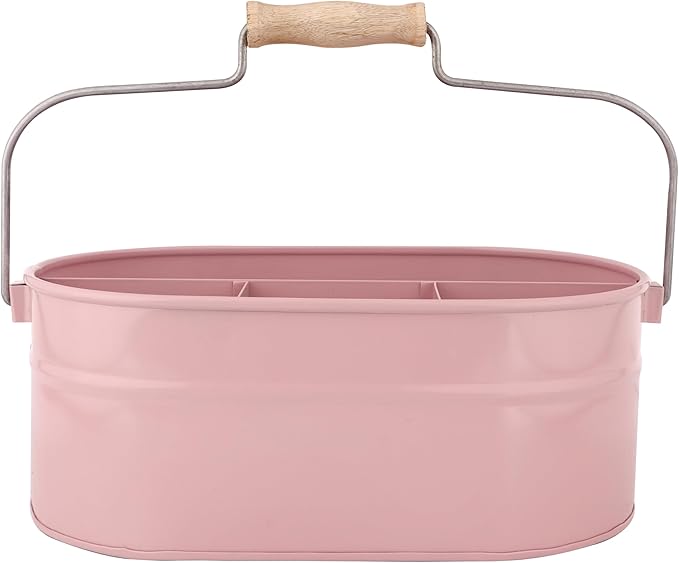 Alpha Living Home Farmhouse Utensil Caddy - 4 Compartment Silverware & Kitchen Organizer with Sturdy Wooden Handle, Heavy Duty Metal Alloy Utensil Holder Durable Powder-Coated Finish (Pink)