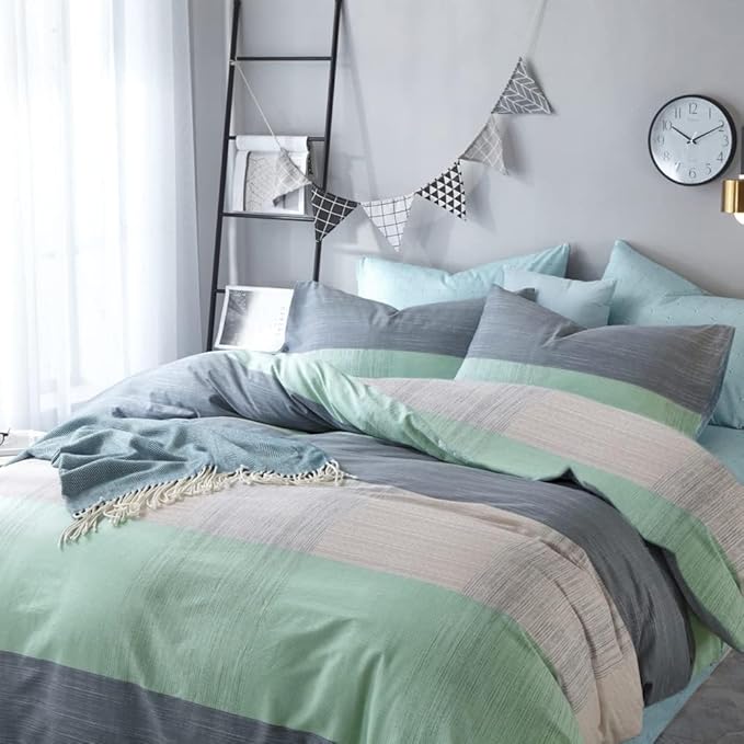 VM VOUGEMARKET Cotton Modern Duvet Cover Set Blue Green Multi-Dimensional Patchwork Design Simple Luxury Cool 3 Pieces King Bedding Set-No Comforter