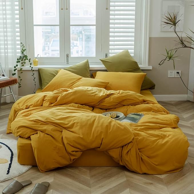 VM VOUGEMARKET Yellow Duvet Cover Sets King,Jersey Knit Cotton Gold Bedding Set (1 Duvet Cover + 2 Pillow Shams),Simple Luxury Down Comforter Cover with Zipper Closure-King,Gold