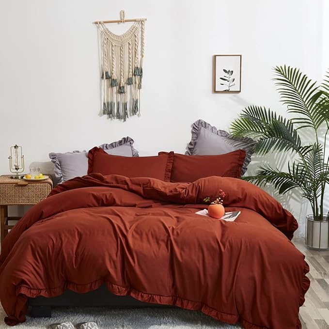 CLOTHKNOW Rust Ruffles Queen Comforter Set Farmhouse Fluffy Bedding Comforter Sets Burnt Orange Comforter Soft Shabby Chic Comforter Vintage Rustic Bedding Sets