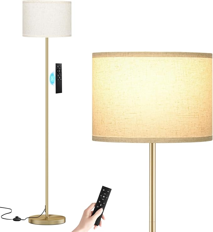 Ambimall 60'' Modern Floor Lamp with Remote, Tall Lamps for Living Room, Bedroom, Office, Dining Room, Beige Shade with Gold Pole(Included Bulb)