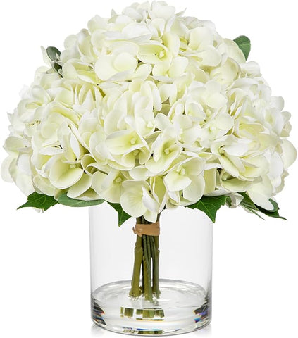Hollyone Real Touch White Hydrangea Artificial Flowers in Vase Latex Large Faux Hydrangea Flowers Arrangements Hydrangeas Fake Flower with Glass Vase with Faux Water for Table Centerpiece Home Decor