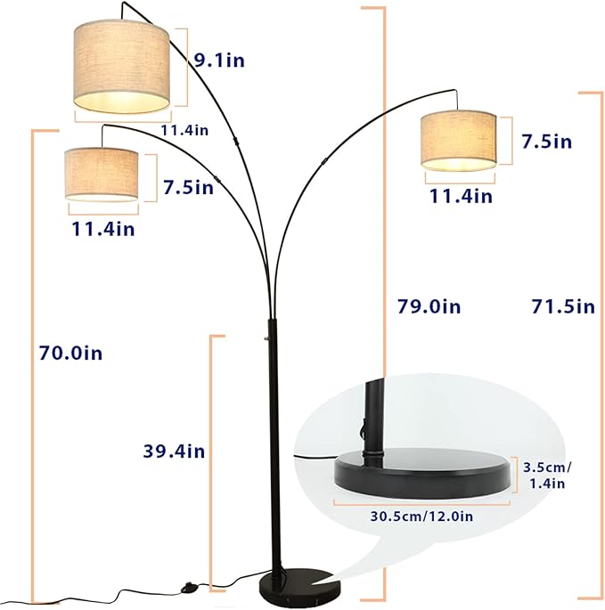 DLLT 3-Light Arc Floor Lamp, Modern LED Floor Lamp with Hanging Lampshades, 79 Inches Tall Standing Lamp with 3-Way Switch for Living Room Bedroom Reading Office Lighting, E26 Base, 9W Bulbs Included