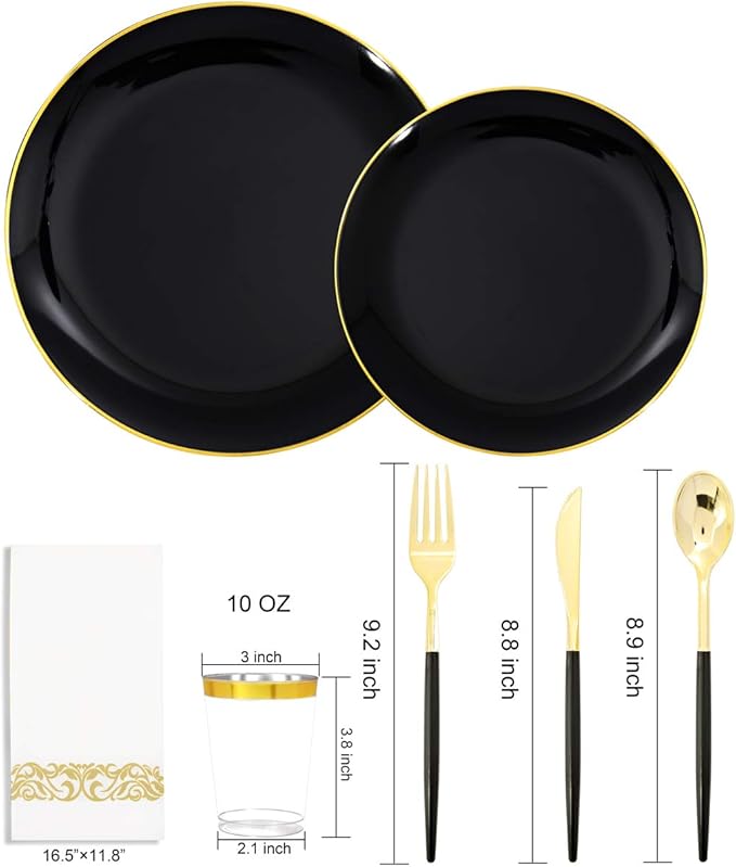 Supernal 350pcs Black Plastic Dinnerware Set,Black Plastic Plates with Gold Rim,Black and Gold Plastic Plates,Gold Plastic Silverware,Wedding Party Plates,Plastic Cups with Gold Rim for Christmas
