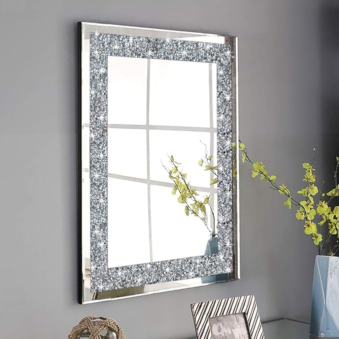 Crystal Crush Diamond Rectangle Silver Mirror for Wall Decoration 20x28inch Wall Hang Frameless Mirror Glass Diamond Decor.
