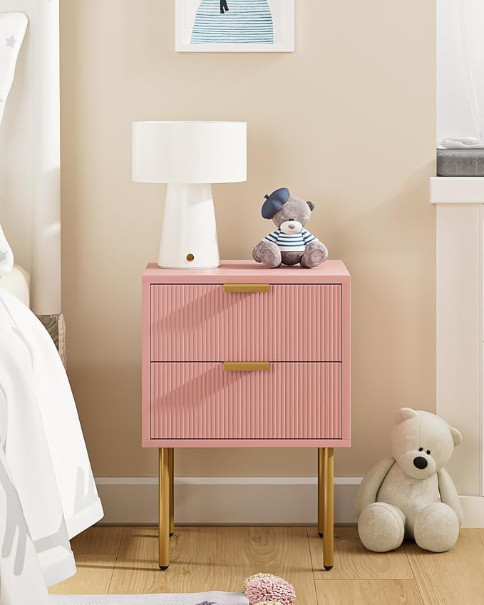 Nightstand,Morden Bedside Table with Gold Frame,Small White Night Stand,End Table,Bedside Furniture,Side Table with Drawer and Shelf for Bedroom,Living Room (2Drawers, Pink)