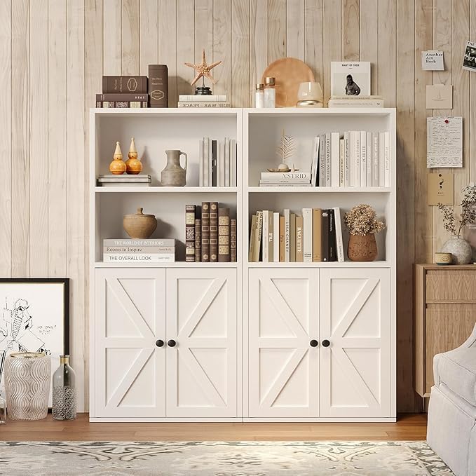 Bookshelf Bookcase with Doors, 4 Tier Wooden Storage Shelves Organizer, Floor Standing Display Cabinet Shelves, Home Decor Furniture for Home Office, Living Room, Bedroom, White