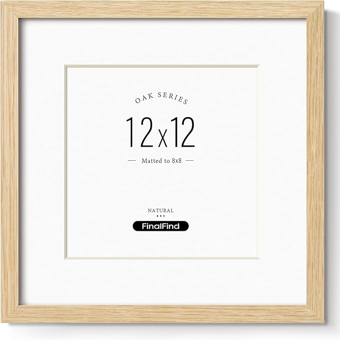 12x12 Frame with Mat for 8x8, Natural Solid Oak Wood Picture Frame with Tempered Glass for Wall Mounting(Single,Oak)