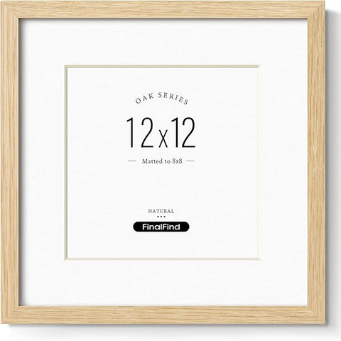 12x12 Frame with Mat for 8x8, Natural Solid Oak Wood Picture Frame with Tempered Glass for Wall Mounting(Single,Oak)