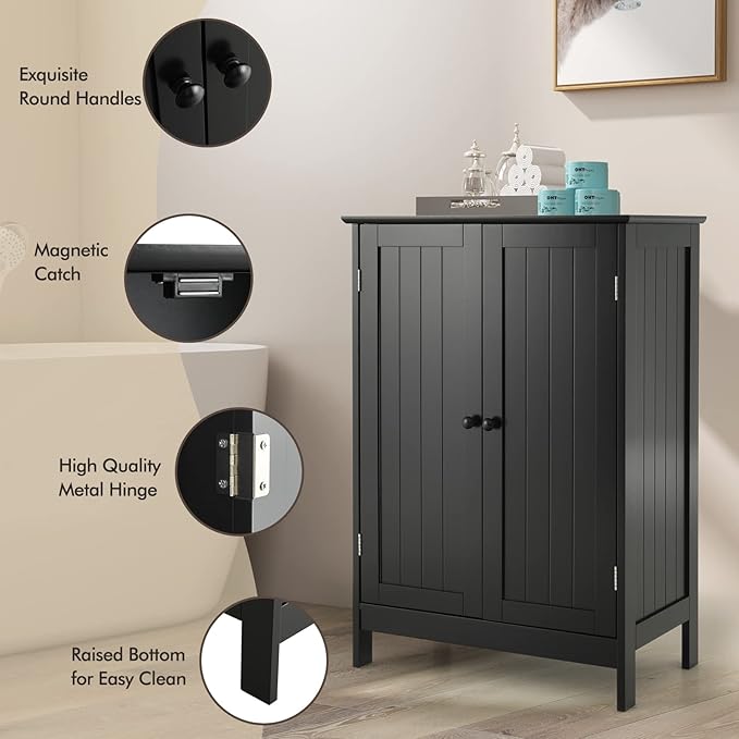 GLACER Bathroom Floor Cabinet, Wooden Storage Cabinet with Double Doors, Suitable for Bathroom, Living Room, Entryway, 23.5 x 14 x 34 inches (Black)