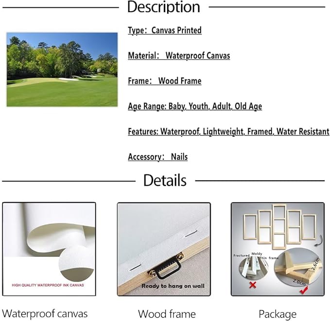 Augusta National Golf Club 11th Hole Wall Art - Augusta Golf Course Wall Art for Living Room Bedroom Bathroom - Augusta Golf Course Picture Poster Canvas Prints Framed Ready to Hang(12''H x 16''W)