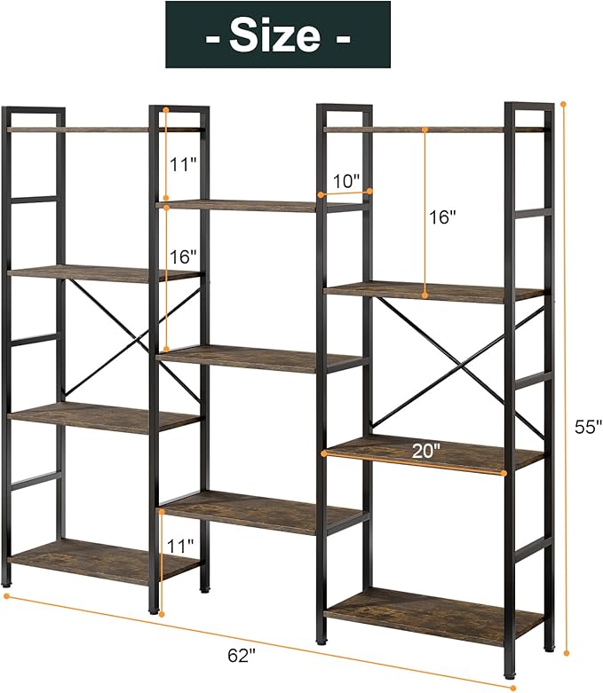 Triple 4 Tier Book Shelf, Modern Bookcase Shelf, Freestanding Large Display Shelves for Living Room/Office/Garage, Stable Large Bookshelf with Storage for Books/Lego/Plants, Rustic Brown