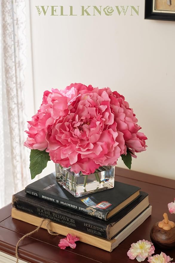 Artificial Peonies Flowers Arrangements in Cube Glass Vase, WELLKNOWN Silk Flower Centerpieces for Dining Room Table, Coffee Table Decor, Faux Peony Flowers with Faux Water (Fuchsia)