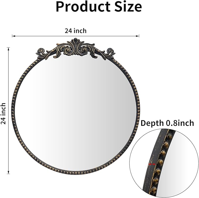Round Mirror, 24''Baroque Style Circle Mirror Vintage Black Metal Frame Wall Mirrors for Vanity, Bathroom or Bedroom