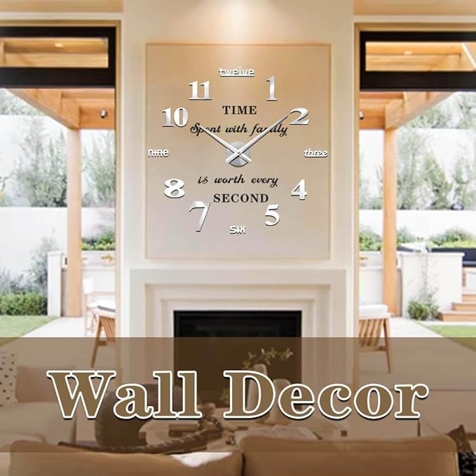 VANGOLD Large Wall Clocks for Living Room Decor, DIY Wall Clock Modern 3D Wall Clock with Mirror Numbers Stickers for Home Office Decorations Ideas (Black)