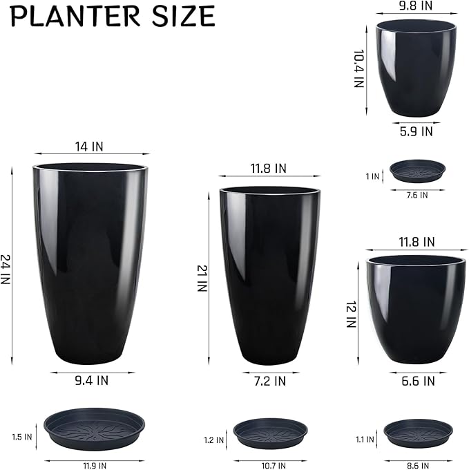 ZMTECH 24/21/12/10" H Large Plastic Planters with Drainage Hole and Saucer -Set of 4 Tall Plant Pots for Indoor & Outdoor Use,Black Glossy Smooth Lightweight Flower Pot for Front Porch Patio Deck