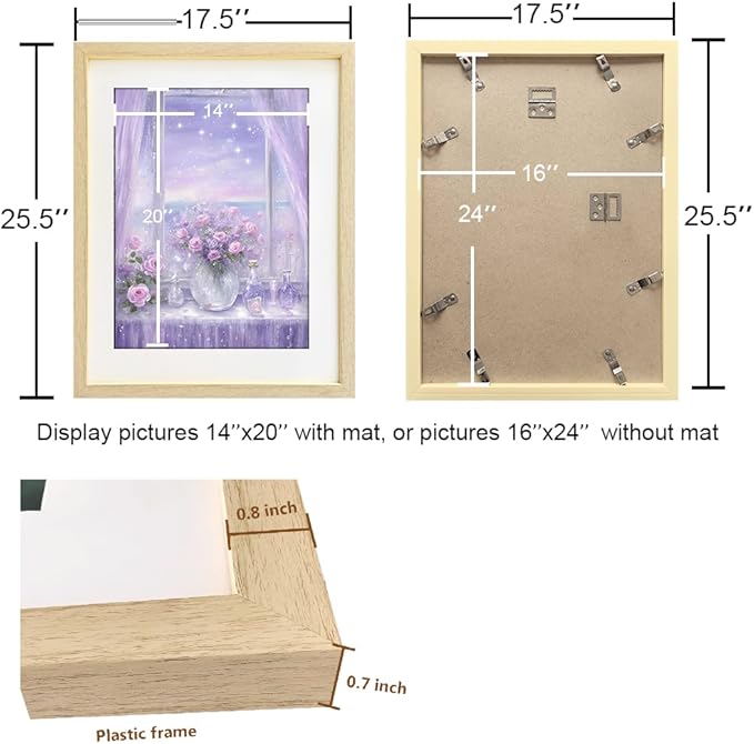 THREELOVE 16x24 Frame Wood Color, Display Picture 14x20 with mat or 16x24 Without mat, Photo Poster Picture Frame Wall Mounting Home Decor, 1-PCS