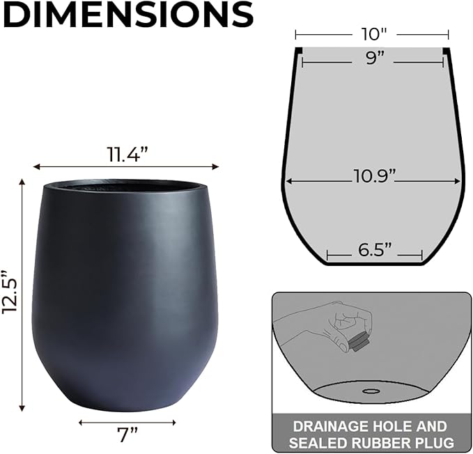 12.5" H x 11.4" D Corso Fiberstone Round Tapered Planter with Drainage Hole, Smooth Finishes, Weather Resistant for Indoor and Outdoor Use, Included 2 Extra Coco Mats (Black, 9" Pot Opening)