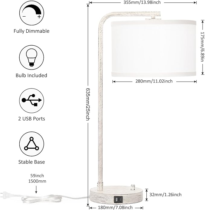 Bedside Table Lamp with USB C+A Charging Ports, Fully Stepless Dimmable Modern Farmhouse Nightstand Lamp, Tall Reading Desk Lamp for Bedroom, Living Room, Office, 9W LED Bulb Included