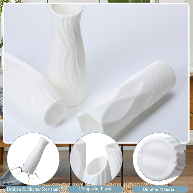 24 Pcs Composite Plastic Flower Vase Ceramic Look Decorative White Unbreakable Plastic Vases for Flower Centerpieces for Living Room Table Home Decor(Stylish Style)