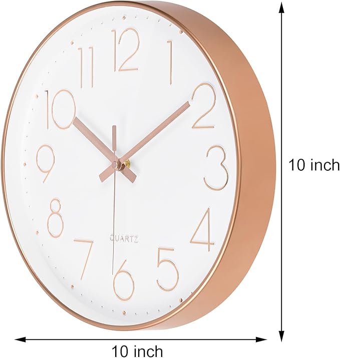 Wall Clock 10 Inch Battery Operated Modern Round Non-Ticking Wall Clocks for Kitchen, Office, Classroom (Rose Gold)