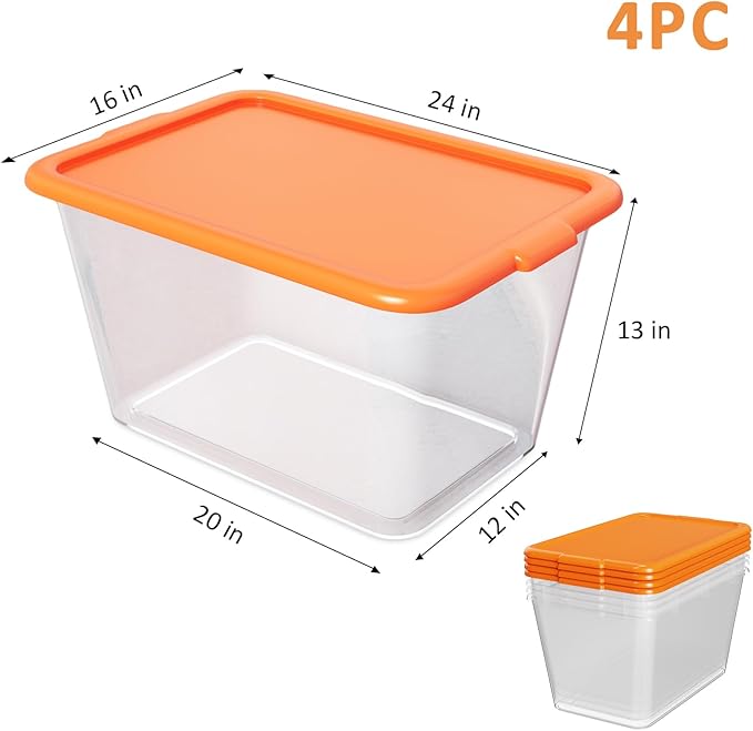 Storage Totes with Lids - Made in USA 14.5-Gallon (58-Quart) 4-Pack storage bins with lids plastic storage containers large storage boxes for Organizer Orange/Clear