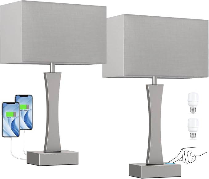 Bedside Lamps for Night Stands - 3 Way Dimmable Table Lamp for Bedroom with USB C+A Ports,Modern Bedside Lamps Set of 2, Touch Lamps for Nightstands(Grey)