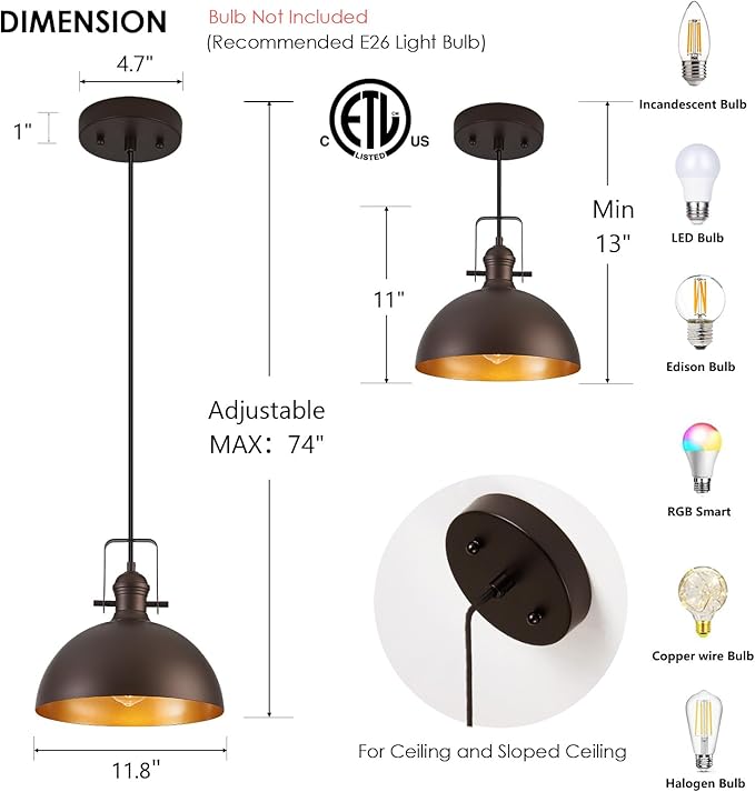12 Inch Pendant Lights for Kitchen Island Matte ORB Farmhouse Pendant Light fixtures Adjustable Height Dome Hanging Light for Dinning Room Bedroom Hallway,2 Packs